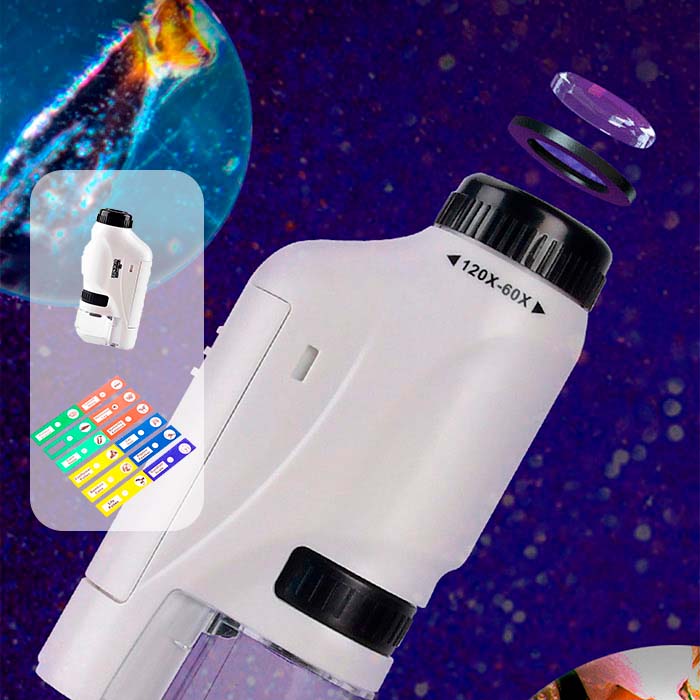 Detský mikroskop má LED svetlo pre ešte lepšiu viditeľnosť zväčšených objektov a v sade dostanete 12 pozorovacích platničiek!
